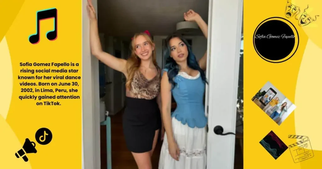 Two women smiling and posing for a photo in front of a bright yellow door, showcasing a cheerful atmosphere.