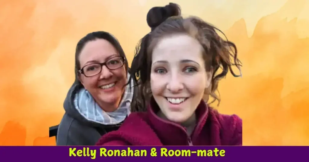  Kelly Roman and her roommate smiling together in a cozy living room, showcasing their friendship and shared space.