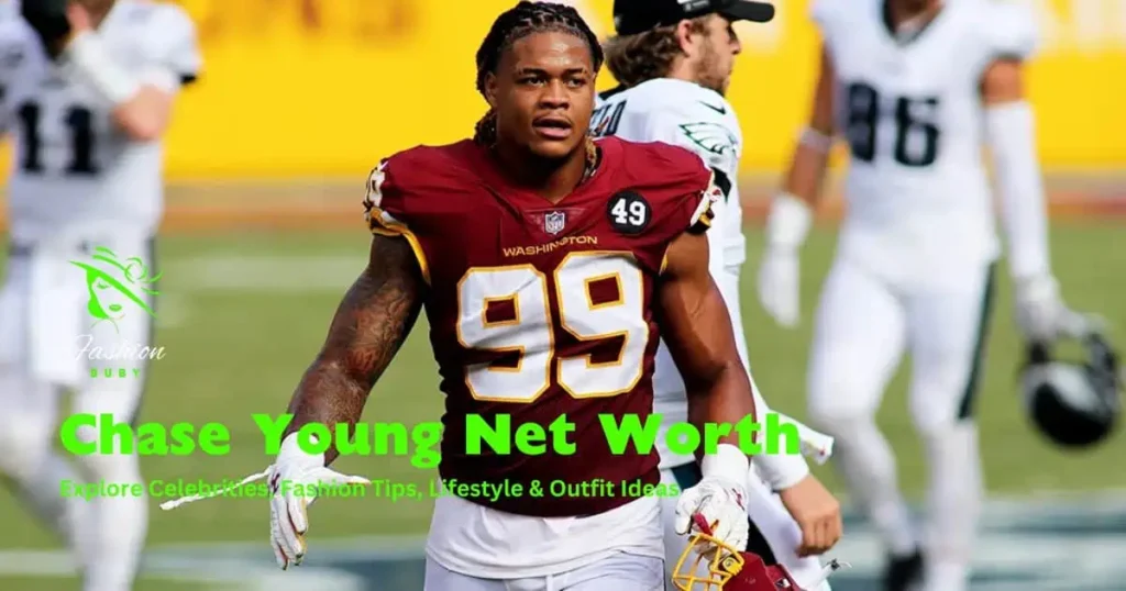 A football player in maroon and white uniform, showcasing the phrase "Chase Your Net Worth" related to Chase Young Net Worth.