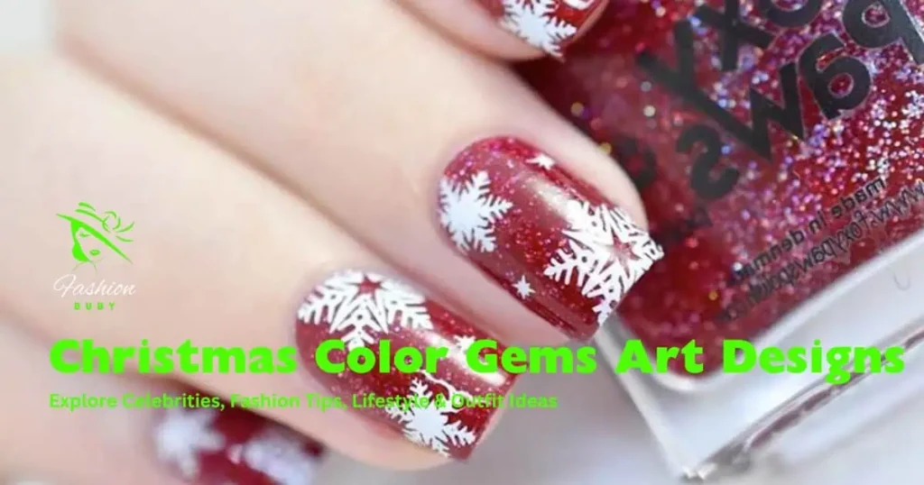 Christmas Color Gems Art Designs featuring elegant nail art with intricate snowflake patterns for a festive look.