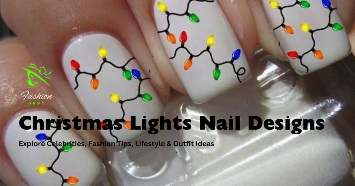 A close-up of beautifully designed nails featuring vibrant Christmas lights nail designs in festive colors.