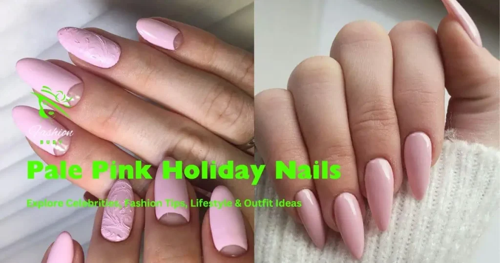 Elegant pale pink holiday nails adorned with subtle glitter, perfect for festive celebrations and seasonal gatherings.